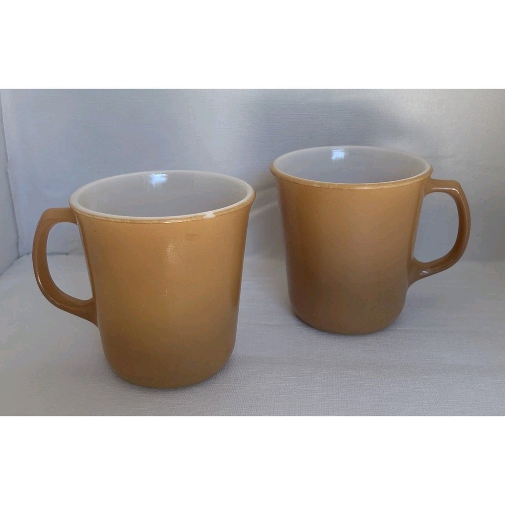 2 Vintage Milk Glass Pyrex Corning Beige Tan Coffee Cups Mugs
